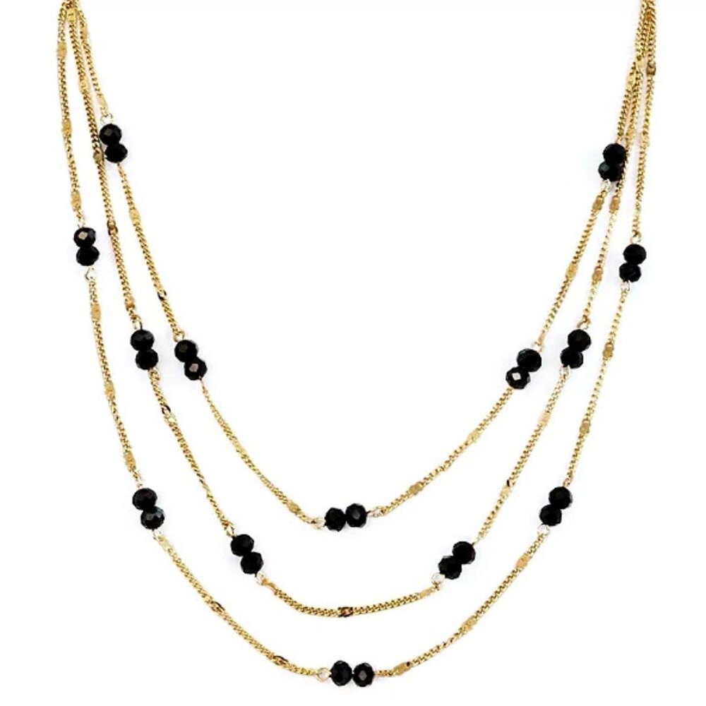 PANNEE Mod/Contemporary Gold Jet Black Beaded Stationed Layered Chain Necklace